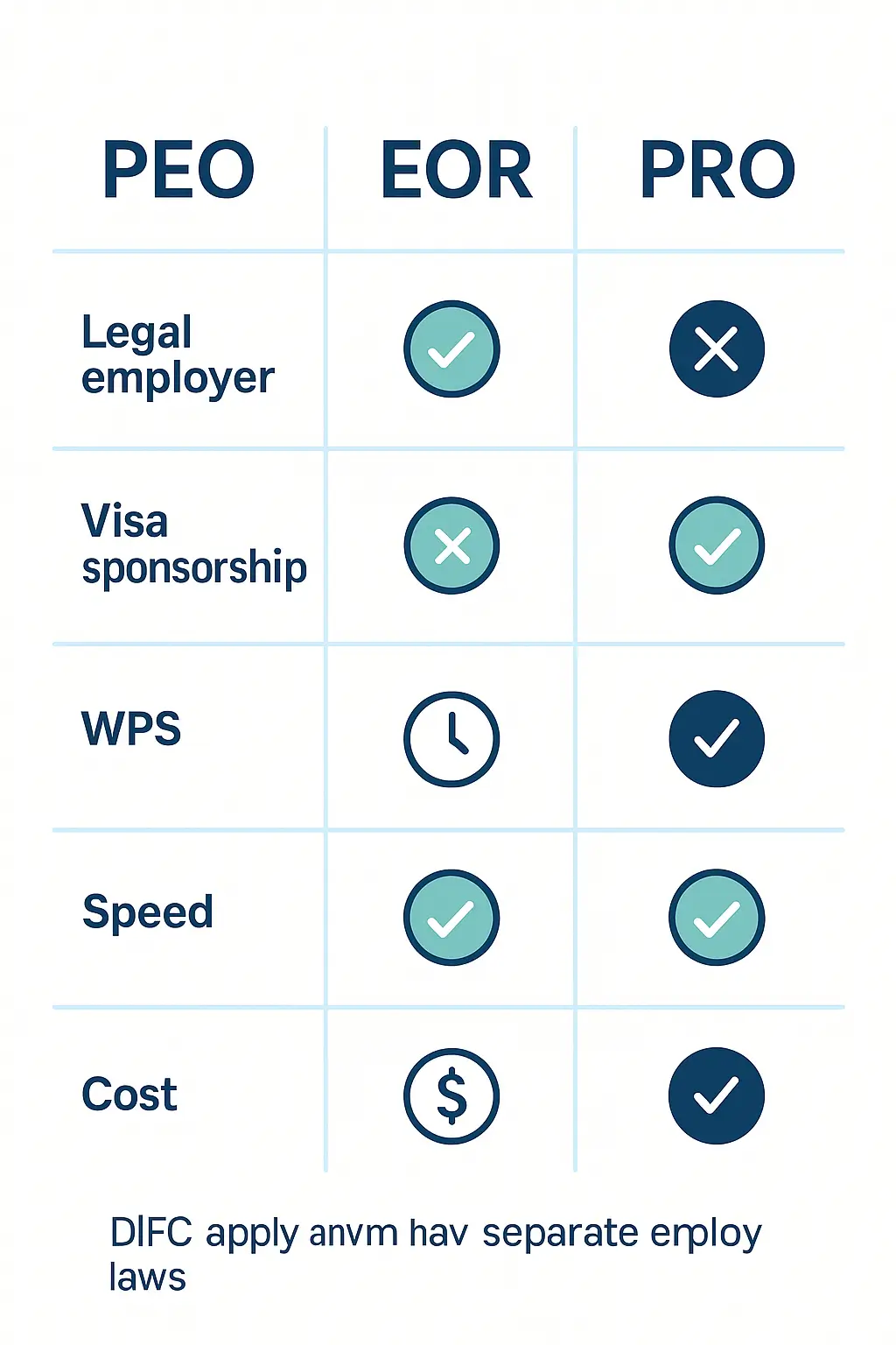 Diagram comparing PEO vs EOR vs PRO in the UAE across legal employer, visa sponsorship and WPS